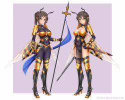 Rule 34 | 2girls, antennae, armored boots, bee, bee girl, bodysuit, boots, breasts, brown hair, bug, commission, green eyes, hand on hilt, high heel boots, high heels, highleg, highres, holding, holding sheath, holding sword, holding weapon, bug, arthropod girl, insect wings, leotard, looking at viewer, medium breasts, midnight (banyex), monster girl, multiple girls, original, pointy ears, polearm, ponytail, sheath, skin tight, stinger, sword, weapon, wings