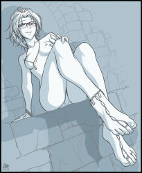 Rule 34 | 1girl, anklet, bad id, bad pixiv id, bare pectorals, barefoot, barefoot sandals (jewelry), blush, border, bracelet, breasts, feet, glasses, hange zoe, highres, jewelry, legs, long legs, looking at viewer, lots of jewelry, medium breasts, necklace, nipples, panties, pectorals, ponytail, shingeki no kyojin, sitting, smile, solo, toe ring, toenails, toes, topless, ukimen, underwear