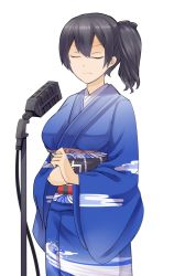 Rule 34 | 10s, 1girl, alternate costume, black hair, breasts, clenched hands, closed eyes, cowboy shot, female focus, frown, highres, japanese clothes, kaga (kancolle), kantai collection, kimono, koorogi (misstext), large breasts, microphone stand, music, obi, sash, short hair, side ponytail, simple background, singing, solo, transparent background, white background