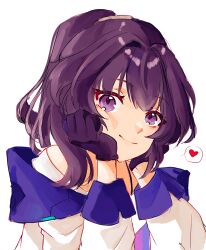 Rule 34 | 1girl, absurdres, closed mouth, commentary, gloves, hair intakes, heart, highres, honkai (series), honkai impact 3rd, jacket, long sleeves, looking at viewer, mofumanju, off shoulder, open clothes, open jacket, ponytail, purple eyes, purple gloves, purple hair, raiden mei, raiden mei (striker fulminata), simple background, smile, solo, spoken heart, upper body, white background, white jacket
