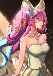 Rule 34 | 1girl, absurdres, aqua hair, breasts, brooch, butterfly brooch, butterfly hair ornament, cleavage, cleo (dragalia lost), dragalia lost, dress, flower, hair flower, hair ornament, highres, jewelry, long hair, medium breasts, multicolored hair, necklace, nurufufufu, parted lips, pearl necklace, pink eyes, pink hair, solo, twintails, very long hair, white dress