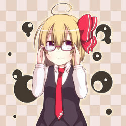 Rule 34 | 1girl, ahoge, bespectacled, blonde hair, checkered background, cross, earlgrey, female focus, glasses, hair ribbon, long sleeves, necktie, no nose, red-framed eyewear, red necktie, ribbon, rumia, short hair, smile, solo, touhou
