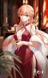 Rule 34 | 1girl, artist name, bare shoulders, blonde hair, breasts, dress, earrings, feet out of frame, fur collar, girls&#039; frontline, hand on hand, highres, jewelry, long hair, looking at viewer, official alternate costume, ots-14 (girls&#039; frontline), ots-14 (ruler of the banquet) (girls&#039; frontline), red dress, regenerate-x, ring, small breasts, smile, solo, standing, yellow eyes