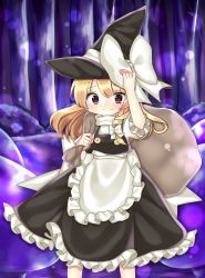 Rule 34 | 1girl, apron, bad id, bad pixiv id, blonde hair, blush, bow, carrying, carrying over shoulder, cheunes, dress, forest of magic, hand on headwear, hat, hat bow, highres, kirisame marisa, large bow, long hair, looking at viewer, mushroom, red eyes, sack, shoulder carry, smile, solo, touhou, witch hat