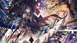 Rule 34 | 1girl, animal, arcaea, bare shoulders, bird, black bow, black hair, black skirt, black umbrella, blue flower, blue rose, blue sleeves, bow, brown bow, bug, butterfly, clock, closed mouth, collared shirt, commentary request, detached sleeves, flower, frilled umbrella, frills, grey eyes, hair bow, hair flower, hair ornament, high-waist skirt, highres, holding, holding umbrella, insect, long hair, long sleeves, roman numeral, rose, shirt, skirt, sleeveless, sleeveless shirt, solo, tairitsu (arcaea), tairitsu (grievous lady) (arcaea), tsubaki (yi), umbrella, very long hair, white shirt, wide sleeves