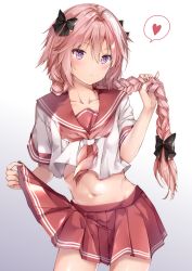 Rule 34 | 1boy, astolfo (fate), astolfo (sailor paladin) (fate), black bow, blouse, blush, bow, braid, braided ponytail, closed mouth, commentary request, cowboy shot, crop top, crossdressing, fate (series), gradient background, hair between eyes, hair bow, hair intakes, heart, highres, holding, holding own hair, long hair, male focus, midriff, navel, neckerchief, official alternate costume, pink hair, pink neckerchief, pink skirt, pleated skirt, purple eyes, school uniform, serafuku, shirt, short sleeves, simple background, single braid, skirt, skirt hold, solo, spoken heart, standing, trap, very long hair, white shirt, yoshida iyo