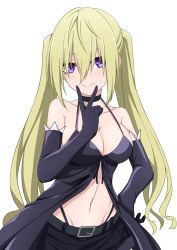 Rule 34 | 1girl, bare shoulders, belt, black choker, blonde hair, breasts, choker, cleavage, closed mouth, collarbone, commentary, cowboy shot, elbow gloves, eyes visible through hair, gloves, hair between eyes, hand on own hip, highres, large breasts, lieselotte sherlock, long hair, looking at viewer, low twintails, navel, purple eyes, ruisuke, simple background, smile, solo, split mouth, trinity seven, twintails, v