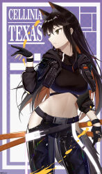 Rule 34 | 1girl, absurdres, ambience synesthesia, animal ears, arknights, black gloves, black hair, black jacket, black pants, black scarf, black shirt, breasts, character name, colored inner hair, cowboy shot, cropped jacket, cropped shirt, extra ears, gloves, hand up, highres, hip vent, holding, holding sword, holding weapon, jacket, long hair, long sleeves, looking to the side, medium breasts, midriff, multicolored hair, official alternate costume, open clothes, open jacket, orange hair, pants, partially fingerless gloves, purple background, scarf, shirt, simple background, solo, sword, texas (arknights), two-tone hair, weapon, wolf ears, wolf girl, yellow eyes, zhadao lza