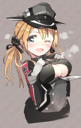 Rule 34 | 10s, 1girl, ;d, anchor hair ornament, bad id, bad pixiv id, black skirt, blonde hair, blue eyes, blush, breasts, cross, gloves, hair ornament, hair ribbon, hat, iron cross, kantai collection, large breasts, long hair, long sleeves, microskirt, military, military uniform, one eye closed, open mouth, peaked cap, pemu, pleated skirt, pomon illust, prinz eugen (kancolle), ribbon, skirt, smile, solo, twintails, underboob, uniform, white gloves