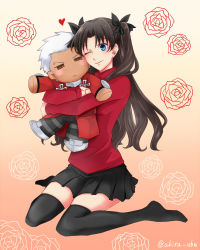 Rule 34 | 1girl, ;), akira (ubw), archer (fate), black ribbon, black skirt, black thighhighs, blue eyes, brown hair, character doll, hugging doll, fate/stay night, fate (series), full body, hair ribbon, heart, highres, long hair, miniskirt, hugging object, one eye closed, pleated skirt, red shirt, ribbon, shirt, sitting, skirt, smile, solo, thighhighs, tohsaka rin, twintails, two side up, very long hair, zettai ryouiki