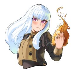 Rule 34 | 1girl, absurdres, blunt bangs, casting spell, closed mouth, commentary, deliciousbrain, eyelashes, fire, fire emblem, fire emblem: three houses, frown, garreg mach monastery uniform, highres, long hair, lysithea von ordelia, nintendo, purple eyes, simple background, solo, upper body, white background, white hair