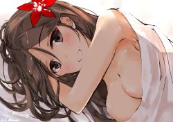 Rule 34 | 10s, 1girl, amagi (kancolle), bed sheet, blush, breasts, brown eyes, brown hair, flower, gradient background, hair between eyes, hair flower, hair ornament, kantai collection, long hair, looking at viewer, lying, naked sheet, on side, shirotaso0818, solo, upper body