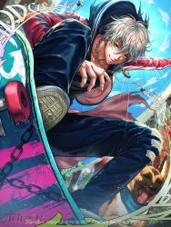 Rule 34 | 1boy, blue eyes, blue sky, chain, chinese zodiac, closed mouth, cloud, dog, fingernails, foreshortening, furyou michi ~gang road~, hair between eyes, highres, jacket, jewelry, long sleeves, looking at viewer, male focus, necklace, official art, outdoors, pants, red jacket, sakiyamama, shoes, silver hair, skateboard, skateboarding, sky, smile, torn clothes, torn pants, watermark, year of the dog