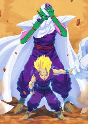 Rule 34 | 2boys, antennae, bald, child, cloak, colored skin, commission, dougi, dragon ball, dragonball z, dust, electricity, glowing, green eyes, green skin, highres, looking at viewer, male focus, multiple boys, muscular, piccolo, pointy ears, rock, serious, son gohan, spiked hair, super saiyan, super saiyan 2, tovio rogers, turban, wristband