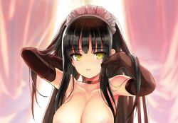 Rule 34 | 1girl, armpits, bad id, bad pixiv id, black choker, black gloves, black hair, blunt bangs, blurry, blurry background, blush, breasts, choker, elbow gloves, emily (pure dream), gloves, highres, large breasts, long hair, looking at viewer, maid headdress, original, parted lips, solo, topless, yellow eyes