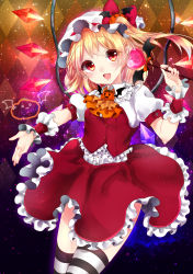 Rule 34 | 1girl, absurdres, argyle, argyle background, argyle clothes, ascot, bad id, bad pixiv id, bat wings, blonde hair, crystal, fang, flandre scarlet, frills, gradient background, halloween, hat, hat ribbon, head tilt, highres, jack-o&#039;-lantern, looking at viewer, mob cap, open mouth, outstretched arm, pointy ears, puffy sleeves, red eyes, ribbon, shanghai bisu, shirt, short hair, short sleeves, skirt, skirt set, smile, solo, striped clothes, striped thighhighs, thighhighs, touhou, upskirt, vest, wings, wrist cuffs