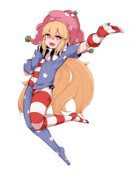 Rule 34 | 1girl, american flag dress, american flag gloves, american flag legwear, american flag print, bad id, bad pixiv id, blonde hair, clownpiece, dress, fairy, full body, gloves, hair between eyes, hat, highres, jester cap, long hair, open mouth, pantyhose, pink eyes, pink hat, polka dot, polka dot headwear, print gloves, simple background, solo, soya6479, striped clothes, striped dress, striped gloves, striped pantyhose, thick eyebrows, touhou, white background