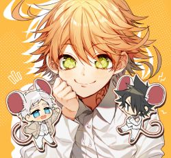 Rule 34 | 1girl, 2boys, animal ears, black hair, blouse, blush, chibi, closed mouth, collared shirt, crossed arms, emma (yakusoku no neverland), green eyes, hand on own chin, long sleeves, looking at viewer, mouse ears, multiple boys, neck tattoo, norman (yakusoku no neverland), number tattoo, orange hair, ray (yakusoku no neverland), sapphire (nine), shirt, smile, tattoo, white shirt, yakusoku no neverland