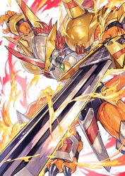 Rule 34 | absurdres, armor, closed mouth, commentary, digimon, digimon (creature), fake horns, fire, green eyes, helmet, highres, holding, holding sword, holding weapon, horned helmet, horns, looking at viewer, no humans, red hair, short hair, shoulder spikes, simple background, solo, spikes, sword, tapioka chaso, victorygreymon, weapon, white background