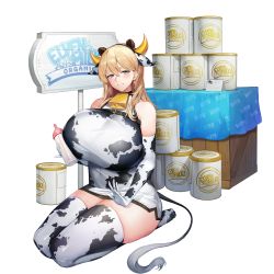 Rule 34 | 1girl, alternate hairstyle, animal ears, animal print, baby bottle, bear ears, bell, blonde hair, blue eyes, bottle, breast strap, breasts, cow ears, cow print, cow tail, cowbell, dress, elbow gloves, english text, extra ears, frigga (last origin), full body, gigantic breasts, gloves, grin, hair between eyes, hair down, highres, huge breasts, jam (nandade), lap pillow invitation, last origin, long hair, mole, mole under mouth, neck bell, official art, seiza, short dress, side slit, signpost, sitting, smile, solo, tachi-e, tail, thighhighs, transparent background