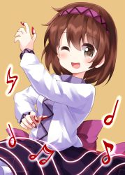 Rule 34 | 1girl, beamed eighth notes, black skirt, brown eyes, brown hair, collared shirt, hairband, highres, instrument, long sleeves, looking at viewer, medium hair, music, musical note, one eye closed, open mouth, playing instrument, purple hairband, ruu (tksymkw), shirt, simple background, skirt, smile, solo, staff (music), touhou, tsukumo yatsuhashi, white shirt, yellow background
