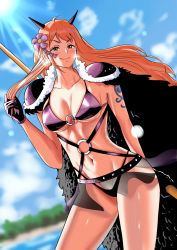 Rule 34 | 1girl, absurdres, artist request, beast pirates uniform, breasts, cleavage, highres, large breasts, long hair, nami (one piece), one piece, orange hair, smile, tattoo, thong, tina fate