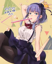 Rule 34 | 10s, 1girl, arm up, black hairband, black pantyhose, blue eyes, blush, breasts, buttons, candy, dagashi kashi, fingernails, food, hairband, high-waist skirt, holding, kano hito, large breasts, looking at viewer, mouth hold, nail polish, pantyhose, popsicle stick, purple hair, purple skirt, red nails, red neckwear, shidare hotaru, shirt, short hair with long locks, sitting, skirt, sleeveless, sleeveless shirt, solo, suspender skirt, suspenders, white shirt
