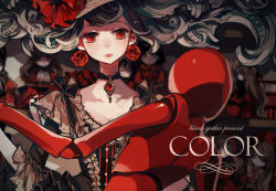 Rule 34 | 1girl, bad id, bad pixiv id, black bow, bow, brooch, buttons, choker, clea (geee13), cover, dancing, doll, doll joints, dress, earrings, facing viewer, flower, frills, gothic lolita, jewelry, joints, lips, lolita fashion, long hair, looking at viewer, magazine cover, mole, mole under mouth, original, red eyes, rose, shelf, solo focus, title