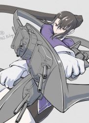 Rule 34 | 10s, 1girl, black eyes, black hair, kantai collection, long hair, long sleeves, military, military uniform, nachi (kancolle), nujima, pantyhose, side ponytail, simple background, solo, turret, twitter username, uniform, very long hair, x arms