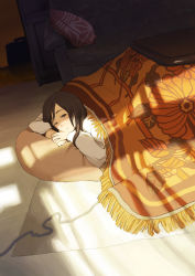 Rule 34 | 1girl, brown hair, cable, couch, half-closed eyes, indoors, kotatsu, morichika, morifumi, original, own hands together, pillow, solo, swept bangs, table, under covers, under table, wooden floor