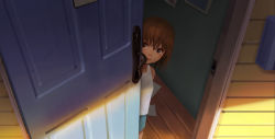 Rule 34 | 1girl, aslothbeing, blue shorts, brown hair, crying, day, door, from above, indoors, looking at viewer, mole, mole under eye, open door, original, shirt, short hair, shorts, sleeveless, solo, standing, wet, white shirt, wooden floor