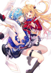 Rule 34 | 2girls, ahoge, amulet, belt, blonde hair, blue hair, blue neckwear, blue skirt, boots, buttons, carrying, character request, clothes between thighs, commentary request, copyright request, double-breasted, floating hair, flower, garter belt, green eyes, hair between eyes, hair flower, hair ornament, hairband, holding, holding paper, holding pen, holding quill, jacket, layered skirt, long hair, looking at viewer, multiple girls, neck ribbon, open mouth, paper, pen, pointy ears, princess carry, quill, red eyes, red jacket, ribbon, riichu, short hair, simple background, skirt, sweatdrop, thigh strap, thighhighs, v-shaped eyebrows, white background, white legwear, white skirt