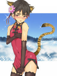 Rule 34 | 1boy, androgynous, animal ears, blush, china dress, chinese clothes, coin rand, crossdressing, dress, dress tug, embarrassed, flower, highres, male focus, original, outside border, solo, tail, thighhighs, tiger ears, tiger tail