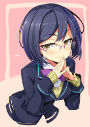 Rule 34 | 1girl, black hair, black jacket, blazer, blush, bow, bowtie, character name, closed mouth, collared shirt, commentary request, dress shirt, glasses, highres, jacket, long sleeves, looking at viewer, nijisanji, ogami kazuki, pink-framed eyewear, purple bow, purple bowtie, shirt, shizuka rin, short hair, sleeves past wrists, smile, smug, solo, sparkle, sweater, virtual youtuber, white shirt