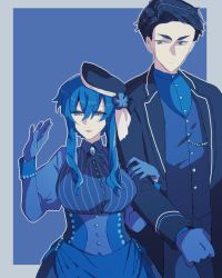 Rule 34 | 1boy, 1girl, 396 pkg, black hair, blue background, blue dress, blue eyes, blue gloves, blue hair, blue theme, breasts, clenched hand, creatures (company), dress, formal, game freak, gen 7 pokemon, gloves, hand up, hetero, large breasts, locked arms, long hair, looking at another, nintendo, personification, pokemon, striped, suit, upper body, vertical stripes, wishiwashi, wishiwashi (school)