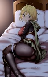 Rule 34 | 10s, 1girl, ahoge, amano don, ass, bad id, bad pixiv id, bed, black footwear, black pantyhose, blonde hair, boots, breasts, cape, earrings, granblue fantasy, highres, jewelry, knee boots, large breasts, looking at viewer, lying, miniskirt, on bed, on side, panties, panties under pantyhose, pantyhose, pillow, short hair, skirt, smile, solo, teena (granblue fantasy), thighhighs, thighhighs over pantyhose, underwear, yellow eyes