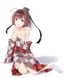 Rule 34 | 10s, 1girl, :&lt;, ahoge, akizuki (kancolle), alternate costume, bad id, bad pixiv id, bare shoulders, blue eyes, breasts, brown hair, checkered clothes, checkered kimono, clothes down, clothes writing, collarbone, covering privates, covering breasts, denkitori, hachimaki, hair ornament, hairband, headband, highres, japanese clothes, kantai collection, kimono, kimono pull, looking at viewer, medium breasts, off shoulder, open clothes, open kimono, open mouth, shiny skin, sitting, socks, solo, triangle mouth, white socks