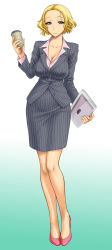 Rule 34 | 1girl, belted, belted dress, blonde hair, blouse, blue eyes, breasts, clasped dress, cleavage, collarbone, cup, dress, formal, gradient background, highres, jacket, large breasts, legs, office lady, original, pencil skirt, shirt, short hair, skirt, skirt suit, solo, st.germain-sal, suit, tight clothes, tight dress, uniform