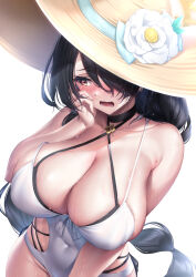 Rule 34 | 1girl, bare arms, bare shoulders, black hair, blue archive, breasts, cleavage, collarbone, covered navel, from above, hair over one eye, halterneck, hat, highres, hinata (blue archive), hinata (swimsuit) (blue archive), ken ill, large breasts, long hair, one-piece swimsuit, one eye covered, open mouth, red eyes, solo, swimsuit, wet, white background, white one-piece swimsuit, yellow hat