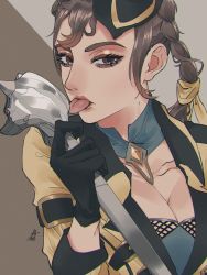 Rule 34 | 1girl, apex legends, black gloves, black hat, braid, breasts, brown eyes, brown eyeshadow, brown hair, cleavage, collarbone, gloves, gold standard loba, hair behind ear, hat, highres, holding, holding staff, jacket, licking, loba (apex legends), medium breasts, mini hat, official alternate costume, solo, staff, tongue, tongue out, twin braids, ukiyo okashi, yellow jacket