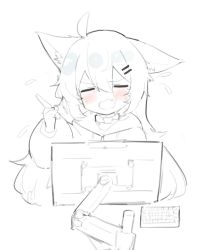 Rule 34 | 1girl, animal ear fluff, animal ears, bad id, bad pixiv id, blush, closed eyes, drawstring, fang, fenrir (fenriluuu), flying sweatdrops, hair between eyes, hand up, highres, holding, holding stylus, hood, hood down, hoodie, keyboard (computer), long sleeves, monitor, monochrome, open mouth, original, puffy long sleeves, puffy sleeves, rir-chan, simple background, solo, spot color, stylus, sweat, v-shaped eyebrows, white background