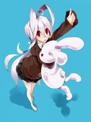 Rule 34 | 1girl, aco (koaya ako), antenna hair, arm up, barefoot, blue background, foreshortening, holding, legs, long hair, long sleeves, open mouth, original, red eyes, school uniform, shadow, silver hair, simple background, skirt, solo, stuffed animal, stuffed rabbit, stuffed toy, twintails