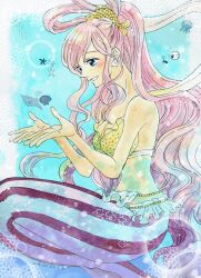 Rule 34 | 1girl, blue eyes, commentary request, dated, earrings, fish, fish hair ornament, hagoromo, hair ornament, hanakotoba28, highres, jewelry, long hair, looking to the side, mermaid, monster girl, one piece, pink hair, profile, seashell, shawl, shell, shirahoshi