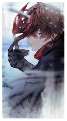 Rule 34 | 1boy, black gloves, blue eyes, breath, brown hair, earrings, genshin impact, gloves, hair between eyes, highres, holding, holding mask, jewelry, long sleeves, looking at viewer, male focus, mask, red mask, red scarf, scarf, single earring, solo, sonomi, tartaglia (genshin impact), twitter username, upper body