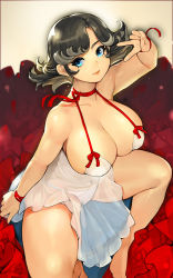 Rule 34 | 1girl, barefoot, blue eyes, breasts, choker, cleavage, dress, flipped hair, from above, grey hair, gurimjang, highres, large breasts, lips, looking at viewer, navel, no bra, original, panties, red ribbon, revealing clothes, ribbon, ribbon choker, see-through, short hair, sitting, smile, solo, spaghetti strap, thick thighs, thighs, underwear, v, v over eye, white dress, white panties, wrist ribbon