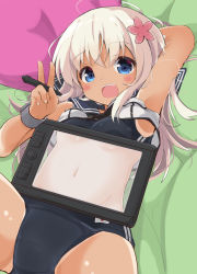 Rule 34 | 1girl, armpits, arms behind head, bed, blue eyes, blush, breasts, collarbone, commentary request, drawing tablet, flower, hair between eyes, hair flower, hair ornament, kantai collection, long hair, looking at viewer, lying, navel, on back, on bed, one-piece swimsuit, one-piece tan, open mouth, pillow, ro-500 (kancolle), sailor collar, school swimsuit, school uniform, serafuku, small breasts, smile, solar milk, solo, stomach, stylus, swimsuit, swimsuit under clothes, tablet pc, tan, tanline, underboob, v, white hair