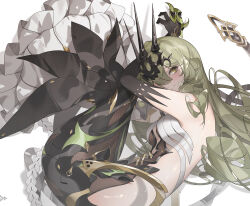 Rule 34 | 1girl, absurdres, armpits, backless dress, backless outfit, bare shoulders, black dress, black gloves, breasts, claw ring, closed mouth, commentary, dress, drop shadow, elbow gloves, english commentary, from above, gloves, green eyes, green hair, hair between eyes, headpiece, highres, honkai (series), honkai impact 3rd, long hair, looking at viewer, lying, medium breasts, mobius (honkai impact), on side, sideless dress, simple background, sleeveless, sleeveless dress, slit pupils, small breasts, smile, solo, tatatsu, white background