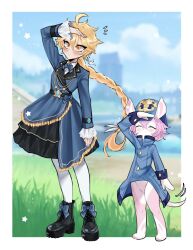 Rule 34 | aether (genshin impact), ahoge, blonde hair, blurry, blurry background, boots, bow, bowtie, braid, braided ponytail, character request, commentary, crossdressing, english commentary, full body, furry, genshin impact, grass, hair between eyes, highres, long hair, long sleeves, melusine (genshin impact), pantyhose, sleepy (mu68968), standing, very long hair, yellow eyes