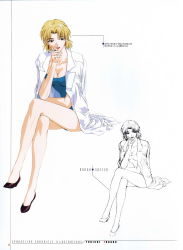 Rule 34 | 1girl, akagi ritsuko, artist name, black footwear, blonde hair, blue eyes, blue one-piece swimsuit, breasts, casual one-piece swimsuit, cigarette, cleavage, coat, concept art, copyright name, crossed legs, earrings, female focus, fukano youichi, green eyes, grin, hand up, high heels, highres, holding, holding cigarette, jewelry, jpeg artifacts, lab coat, legs, lineart, lipstick, looking to the side, makeup, mature female, mole, mole under eye, multiple views, neon genesis evangelion, non-web source, official art, one-piece swimsuit, open clothes, open coat, open mouth, page number, parted bangs, partially colored, pocket, red lips, scan, shoes, short hair, simple background, sitting, smile, smoking, swimsuit, swimsuit under clothes, translation request, white background