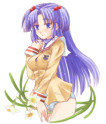 Rule 34 | 00s, 1girl, blue (ao maru), blue eyes, blue hair, clannad, cowboy shot, daffodil, flower, hair bobbles, hair ornament, ichinose kotomi, long hair, matching hair/eyes, no pants, panties, simple background, solo, striped clothes, striped panties, two side up, underwear, white background